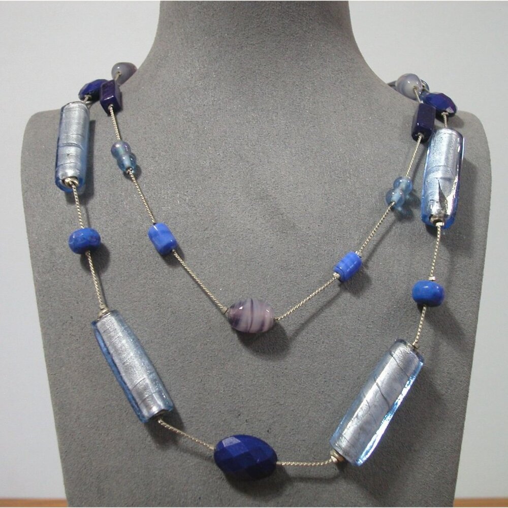 NY Two Strand Blue Glass Bead Necklace Silver-Tone 34"/36" Length With 3.5" Ext.